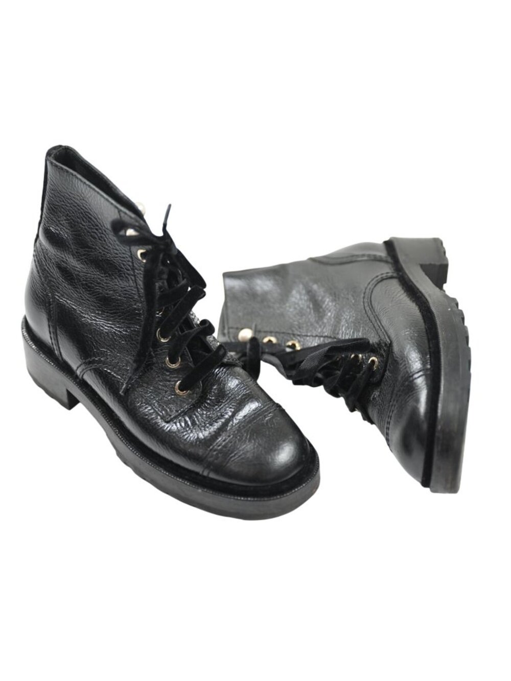 Chanel Shiny Calfskin Velvet Pearl Lace-Up Leather Boots in Black